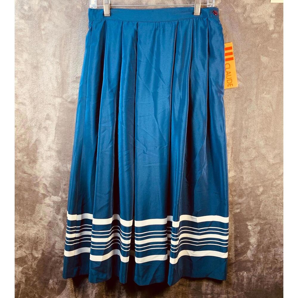Claude Navy Pleated A-Line Maxi Skirt with White Stripe Detail (628)
